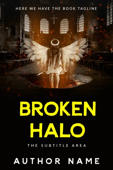 Broken Halo book cover featuring a fallen angel with broken wings in a dark church setting
