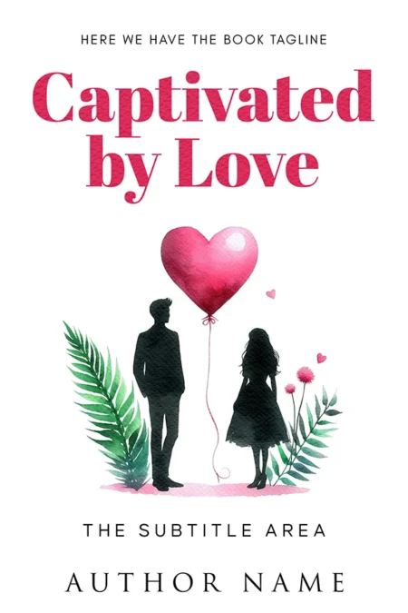 A romantic book cover titled "Captivated by Love" featuring silhouettes of a man and a woman holding a heart-shaped balloon, surrounded by greenery.