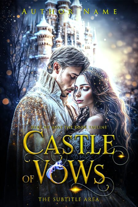 Book cover featuring the title 'Castle of Vows' in ornate gold letters over an image of a man and woman standing close together in front of a castle