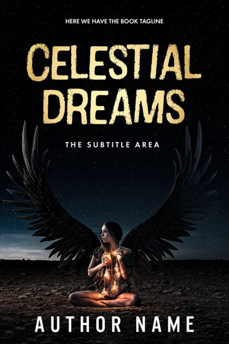 A book cover titled "Celestial Dreams" featuring a woman with dark wings sitting in a meditative pose holding a glowing object, set against a starry night sky.