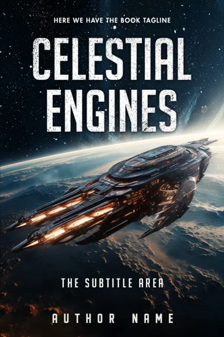 "Celestial Engines" book cover featuring a futuristic spaceship soaring through space, set against a backdrop of stars and a distant planet.