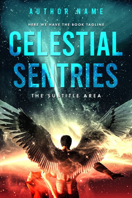 Angel with expansive wings standing under a starry sky on the book cover titled 'Celestial Sentries' sci-fi fantasy premade book cover
