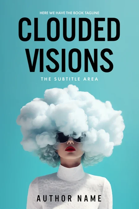 A book cover titled "Clouded Visions" featuring a woman with her head enveloped in clouds, wearing sunglasses and a white high-collared dress against a bright blue background.