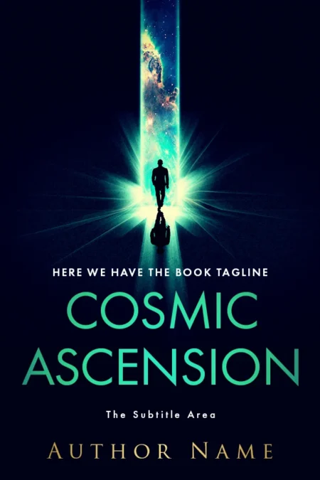 A striking book cover design featuring a silhouette of a person walking towards a cosmic light, with the title "Cosmic Ascension."