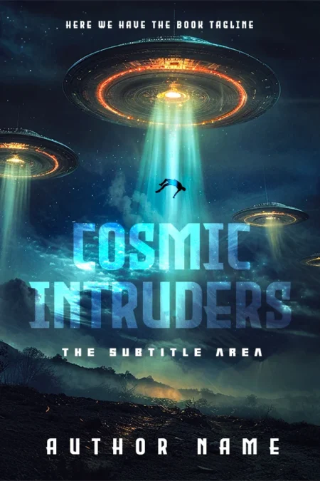 Cosmic Intruders book cover featuring UFOs abducting a person with beams of light in a night sky