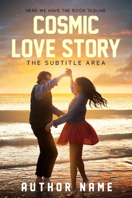 A romantic book cover titled "Cosmic Love Story" featuring a couple dancing on the beach at sunset.
