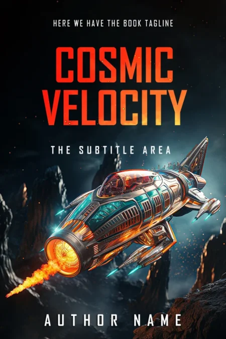 Cosmic Velocity premade book cover featuring a futuristic spaceship flying through space.