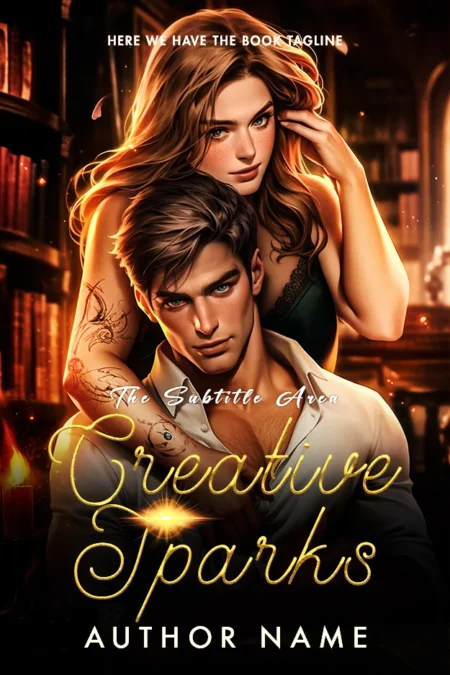 "Creative Sparks" book cover featuring a captivating image of a couple in a passionate embrace, set against a backdrop of a cozy, firelit library.