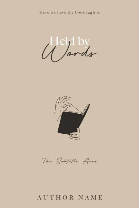 Held by Words premade poetry book cover featuring a minimalist design with a hand holding an open book.