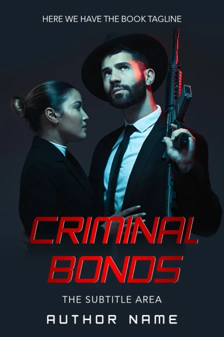 Criminal Bonds book cover featuring a man and woman in suits, with the man holding a rifle