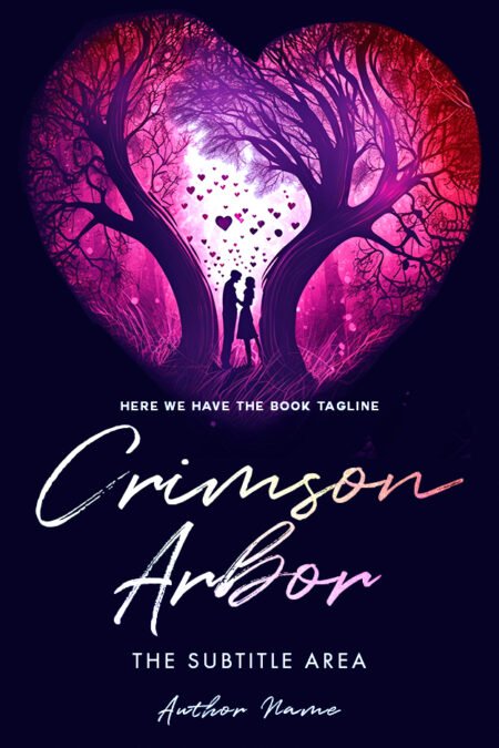 Book cover featuring the title 'Crimson Arbor' in white cursive letters over an illustration of two people in a forest with trees forming a heart shape.