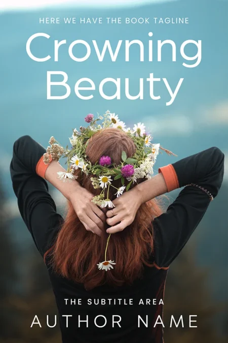 A captivating book cover titled "Crowning Beauty" featuring a woman with red hair adorned with a floral crown, set against a serene outdoor backdrop.