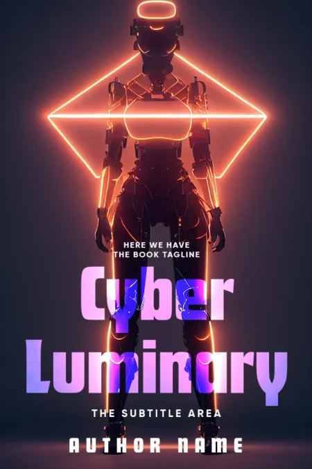 A futuristic book cover design featuring a cybernetic figure illuminated by neon lights, with the title "Cyber Luminary."