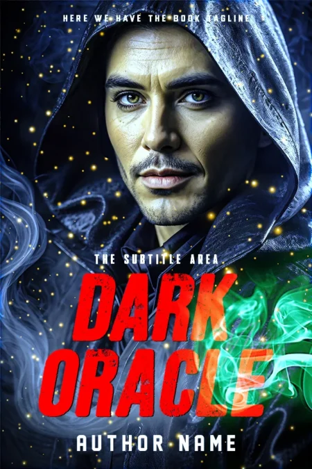 Book cover featuring the title 'Dark Oracle' in bold red letters over an image of a mystical man in a hooded cloak, his face illuminated by swirling magical lights