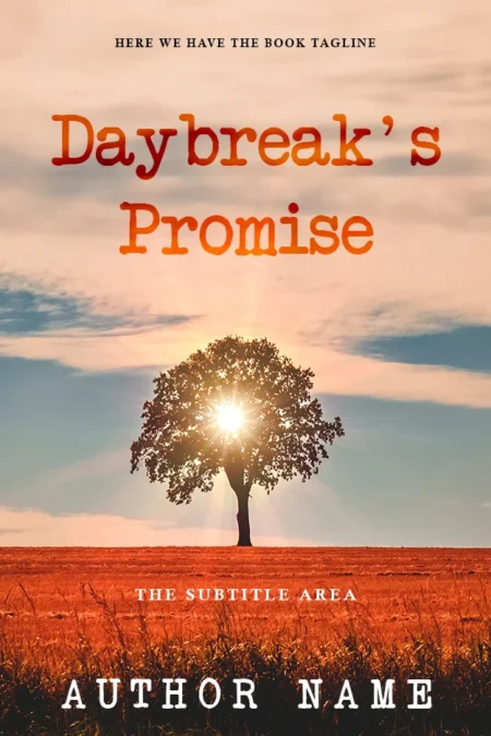 Book cover for 'Daybreak's Promise' featuring a solitary tree against a sunrise backdrop, symbolizing hope and new beginnings.