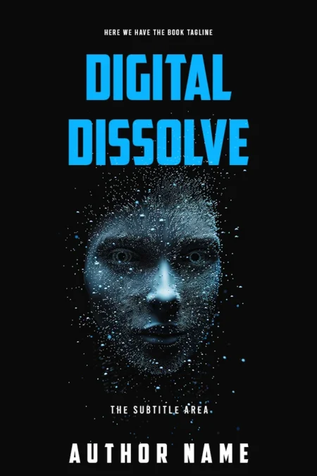 Book cover for 'Digital Dissolve' showcasing a digitalized human face disintegrating into pixels, highlighting themes of technology and identity.