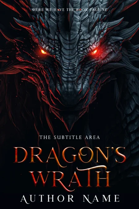 A powerful book cover design featuring an intense close-up of a dragon with glowing red eyes, titled "Dragon's Wrath."