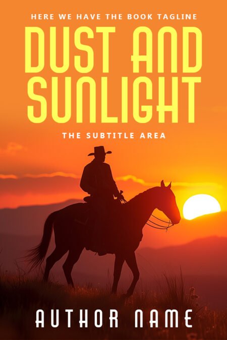 Silhouette of a cowboy on horseback at sunset on the western adventure premade book cover titled 'Dust and Sunlight