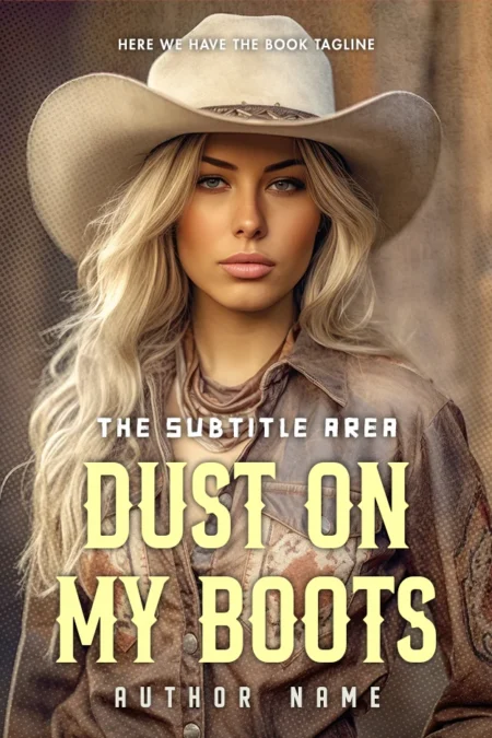 "Dust on My Boots" book cover featuring a striking portrait of a woman in a cowboy hat, embodying the rugged charm and allure of contemporary western romance.