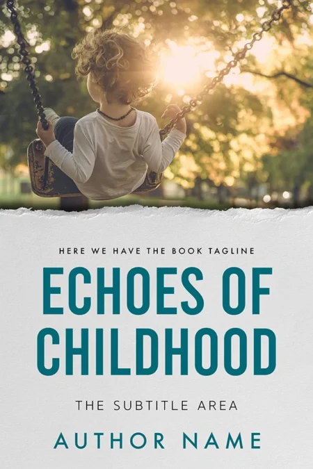 A book cover titled "Echoes of Childhood" featuring a nostalgic image of a young child on a swing, with sunlight filtering through trees in the background, evoking memories of carefree childhood days.