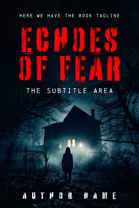 A book cover titled "Echoes of Fear" featuring a silhouetted figure standing in front of an eerie, dimly lit house surrounded by dark, twisted trees.