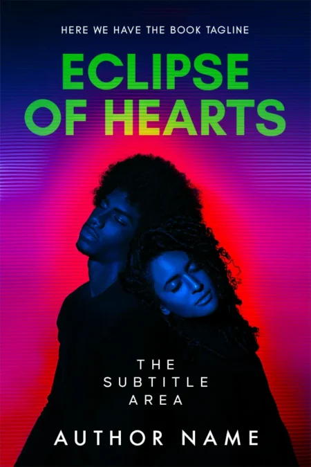 A striking book cover titled "Eclipse of Hearts" featuring a couple with blue-tinted skin in a vibrant, neon-lit background.