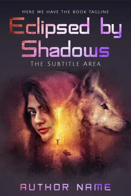 Book cover featuring the title 'Eclipsed by Shadows' in gradient purple and orange letters over an image of a woman's face merging with a wolf in a mystical setting.