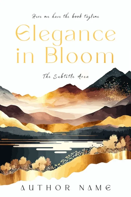 A poetic book cover featuring a serene landscape with mountains, a lake, and blooming flora in warm, elegant tones.