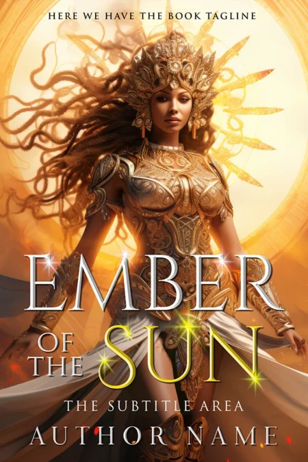 A book cover titled "Ember of the Sun" featuring a regal, armored woman with a crown, illuminated by a radiant sun in the background.