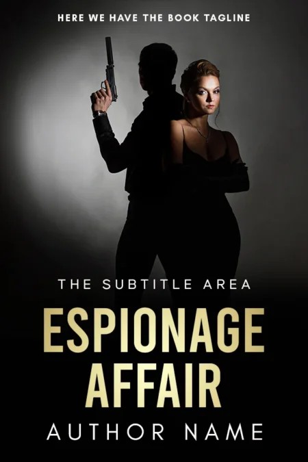 A thrilling book cover titled "Espionage Affair" featuring a silhouette of a man holding a gun and a glamorous woman against a dramatic background.