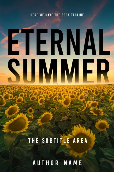 Book cover for 'Eternal Summer' featuring a vast field of sunflowers under a sunset, symbolizing enduring vitality and the beauty of nature.
