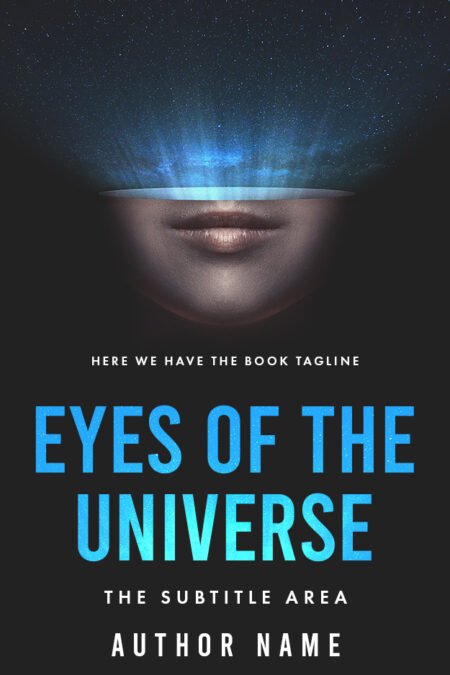 "Cosmic landscape superimposed over a woman's eyes on the science fiction book cover titled 'Eyes of the Universe