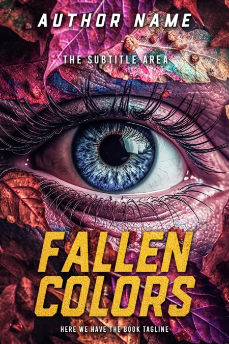 "Fallen Colors" book cover showcasing a close-up of an eye with vibrant autumn leaves, symbolizing a blend of natural beauty and mysterious allure.