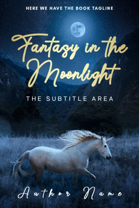 A magical book cover titled "Fantasy in the Moonlight" featuring a white horse running under the moonlight in a mystical landscape.