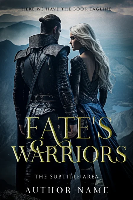 A book cover titled "Fate's Warriors" featuring two characters in dark, elaborate armor standing against a dramatic mountain landscape.