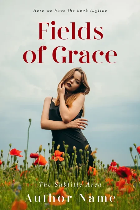 A book cover titled "Fields of Grace" featuring a serene image of a woman in a black dress standing in a field of poppies under a cloudy sky, exuding a sense of peace and elegance.