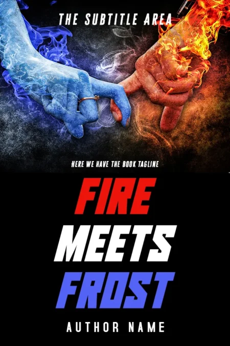 Book cover featuring the title 'Fire Meets Frost' in bold red and blue letters, with an image of two hands clasped, one engulfed in flames and the other covered in frost.