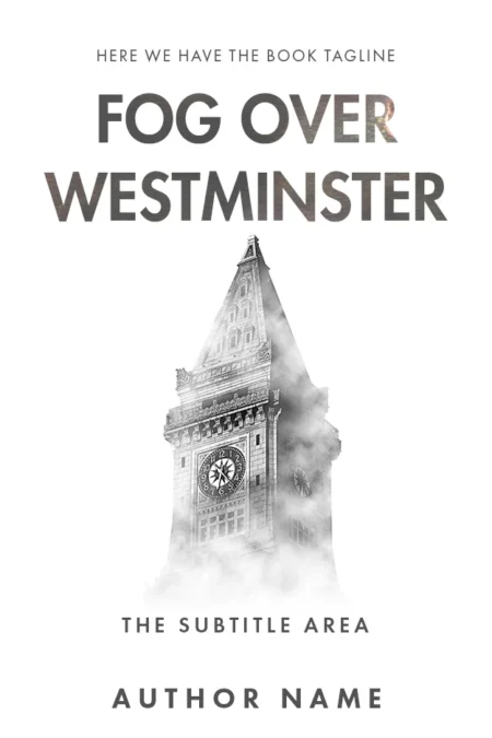 Book cover for 'Fog Over Westminster' showing the iconic Big Ben enveloped in mist, symbolizing mystery and intrigue in London.