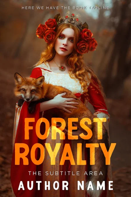 A captivating book cover titled "Forest Royalty" featuring a regal woman in a red dress with a fox in her arms, surrounded by an autumn forest.