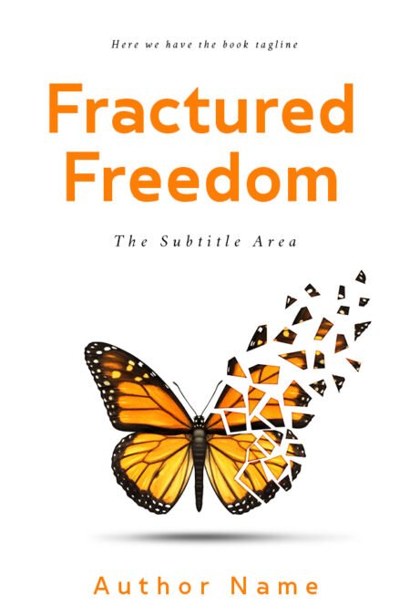 Monarch butterfly with wings breaking into geometric shapes on the poetry book cover titled 'Fractured Freedom'