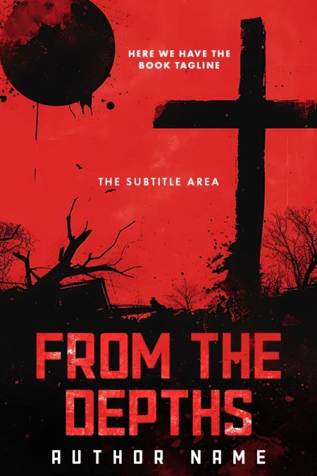 A horror book cover featuring a black cross and a dark moon against a red background, symbolizing dread and darkness.