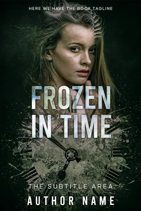 Book cover featuring the title 'Frozen in Time' over an image of a young woman with long hair superimposed on a large, broken clock face.