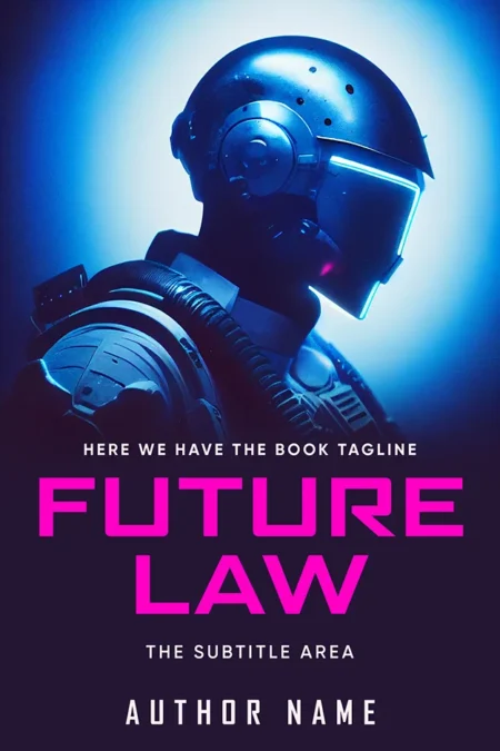 A book cover titled "Future Law" featuring a futuristic robotic figure with neon blue highlights against a dark background, symbolizing advanced technology and futuristic themes.