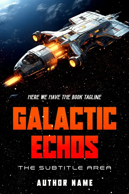 "Galactic Echoes" space opera book cover featuring a detailed image of a futuristic spaceship maneuvering through space, embodying the vastness and adventure of a space opera.