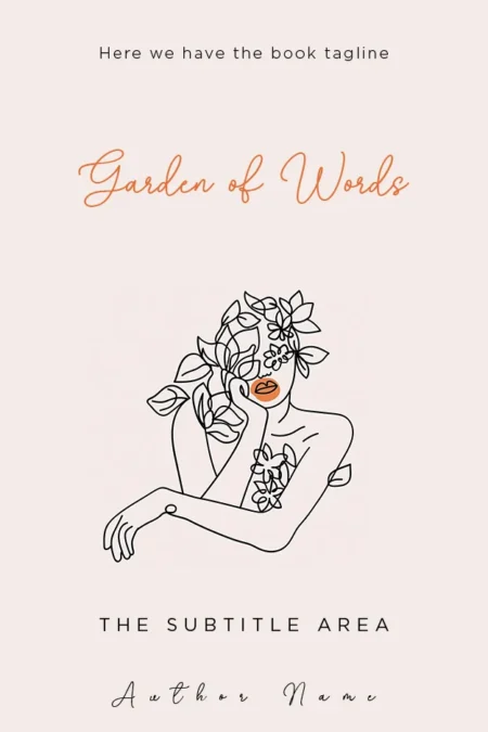 Garden of Words premade poetry book cover featuring a minimalist line art illustration of a woman adorned with flowers.