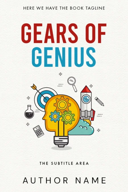 A creative book cover design titled "Gears of Genius," featuring a vibrant illustration of a lightbulb with gears inside, surrounded by scientific icons.