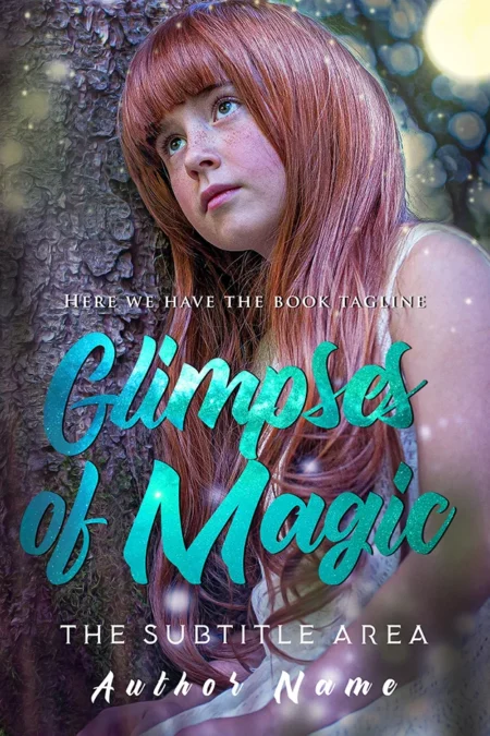 A captivating book cover titled "Glimpses of Magic" featuring a young girl with long red hair and a thoughtful expression, surrounded by a mystical, glowing atmosphere.