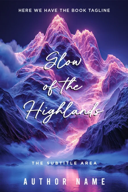 A book cover featuring glowing, neon-lit mountains in a mystical highland setting.