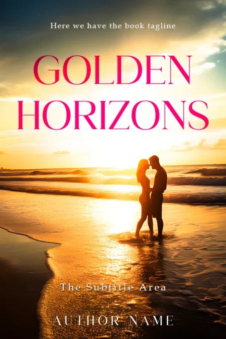 Romantic beach sunset book cover for "Golden Horizons" featuring a couple embracing.