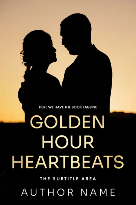 A book cover titled "Golden Hour Heartbeats" featuring the silhouettes of a couple facing each other against a warm, golden sunset background.